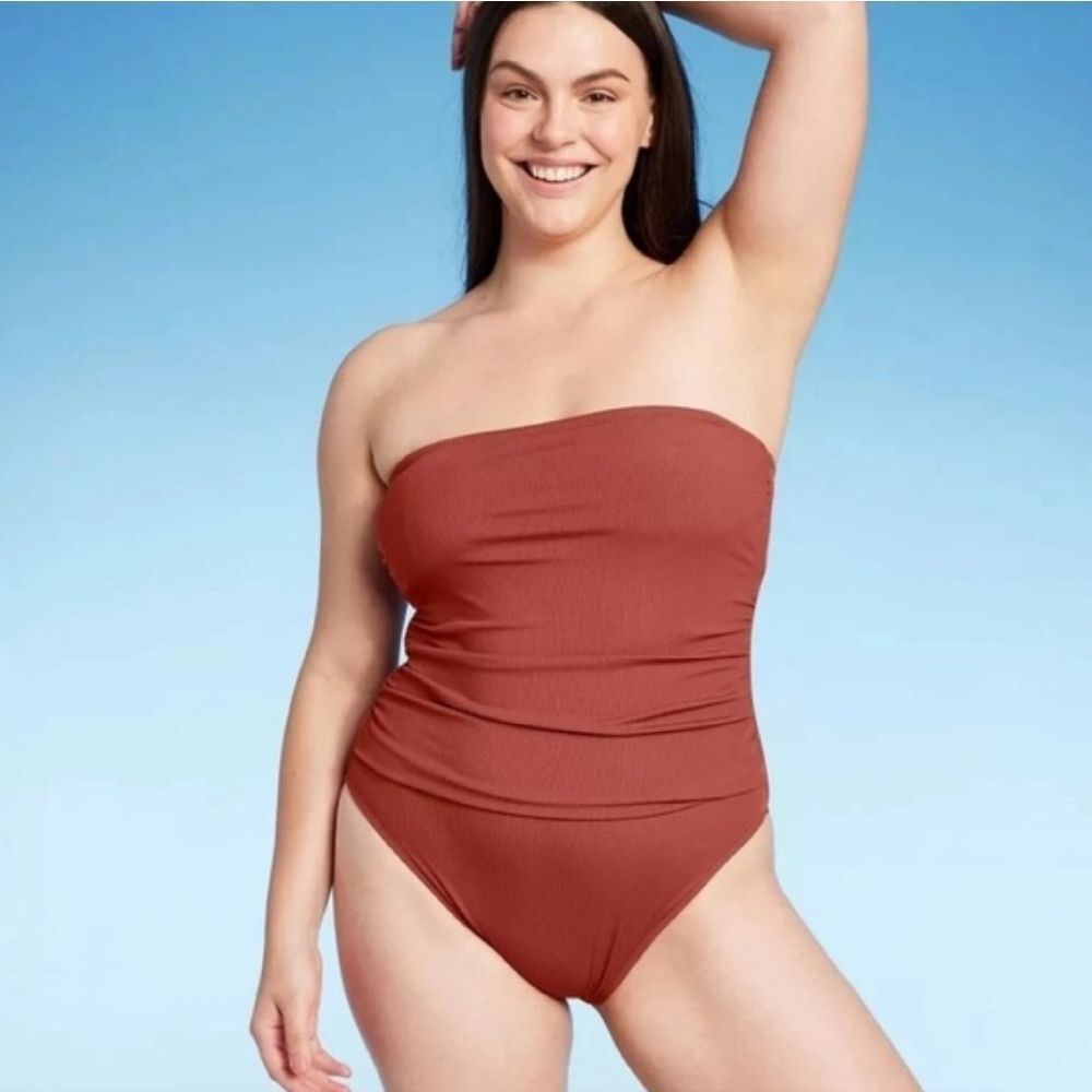 Shade & Shore Shirred Ribbed High Leg One Piece Swimsuit Large 12-14 NWOT
